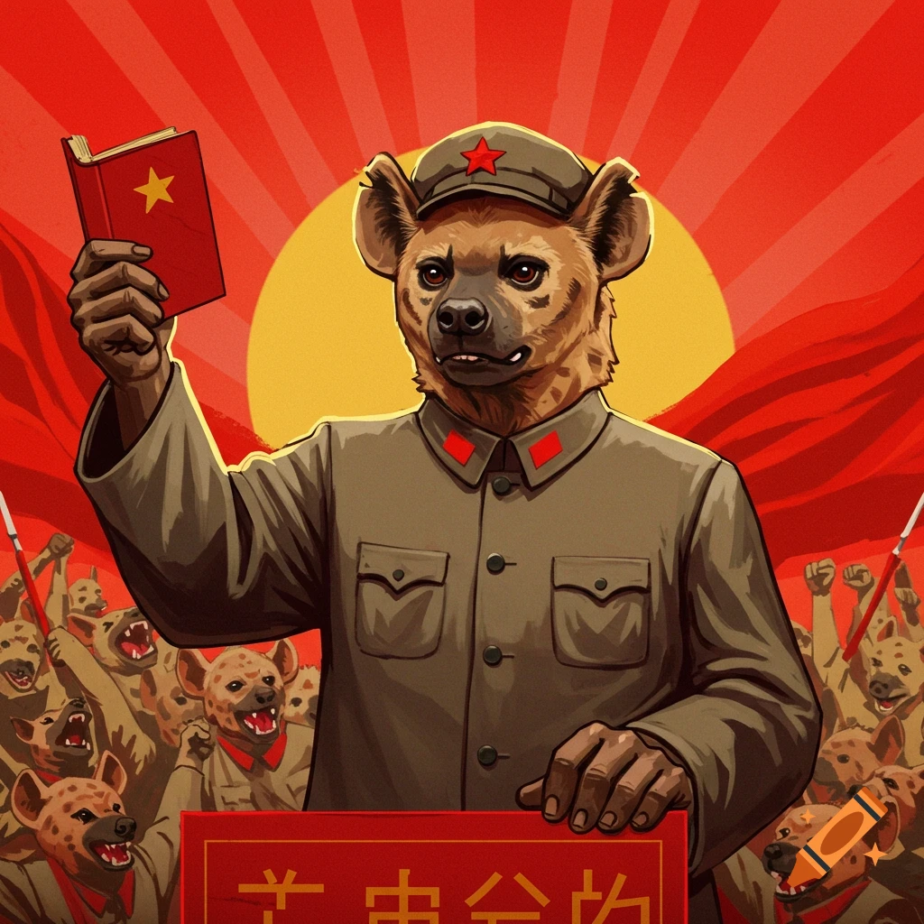 A hyena in a military uniform holds a red book before a crowd of hyenas, in a propaganda art style.
