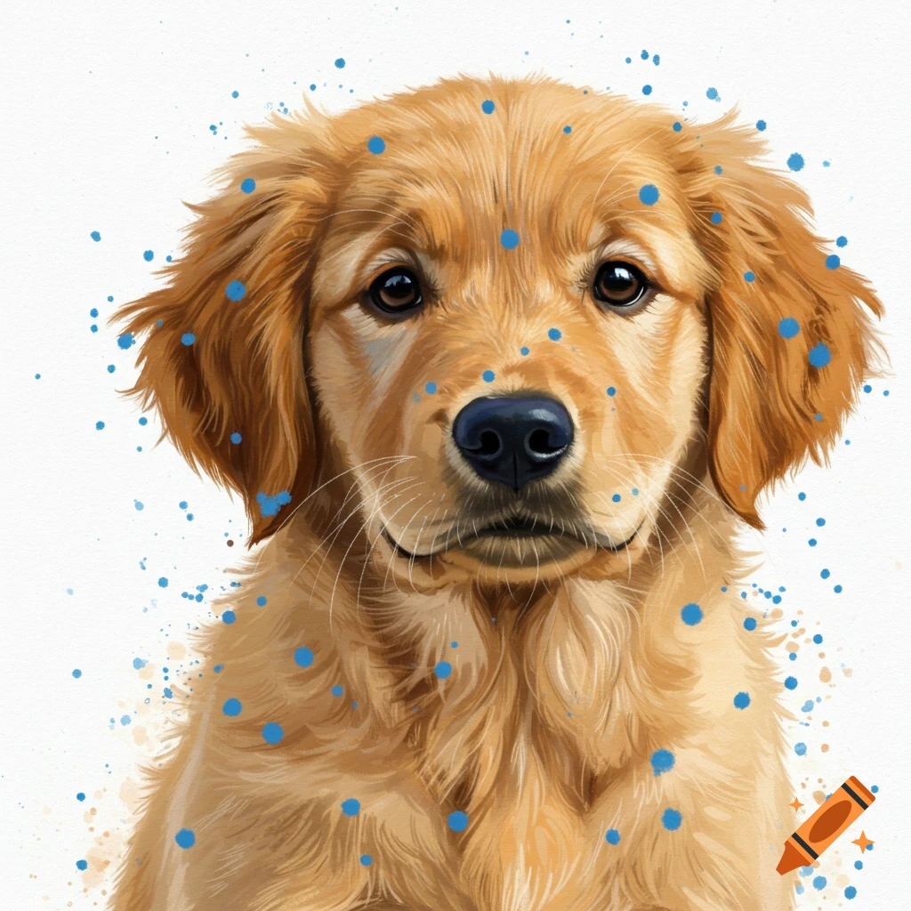 A golden retriever puppy with blue paint splatters.