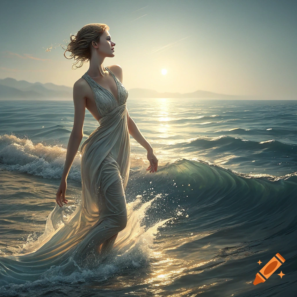 A woman in a white dress walks through crashing waves in the ocean at sunset.