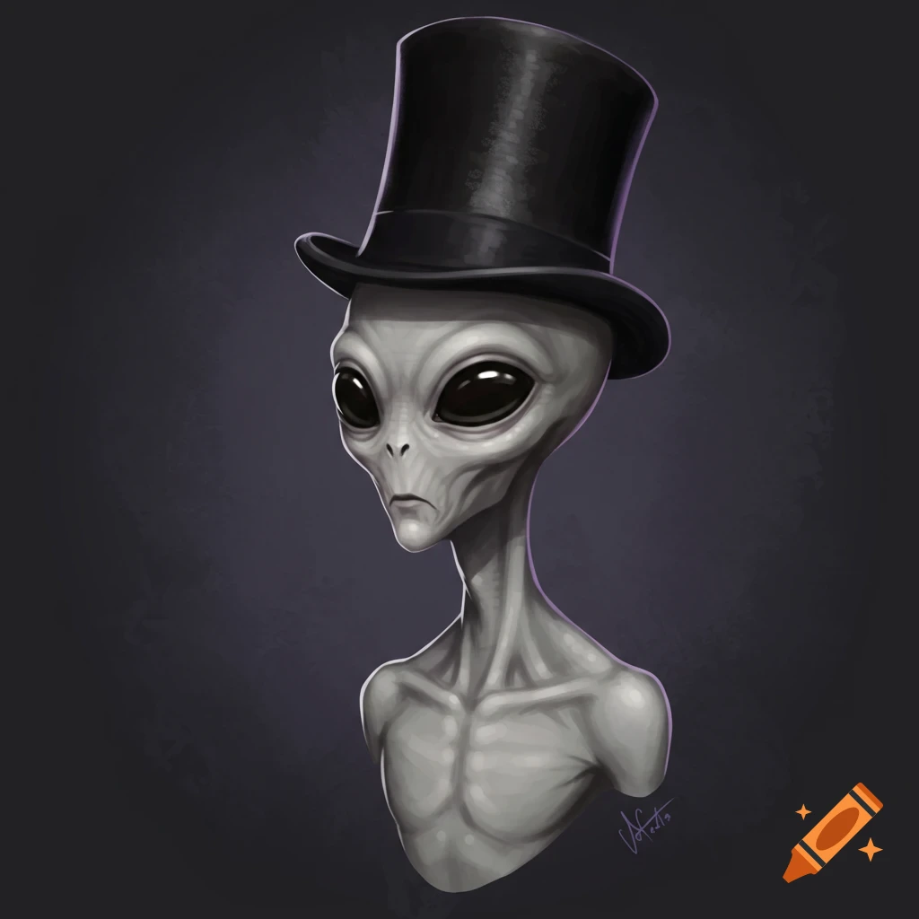 A grey alien wearing a top hat.