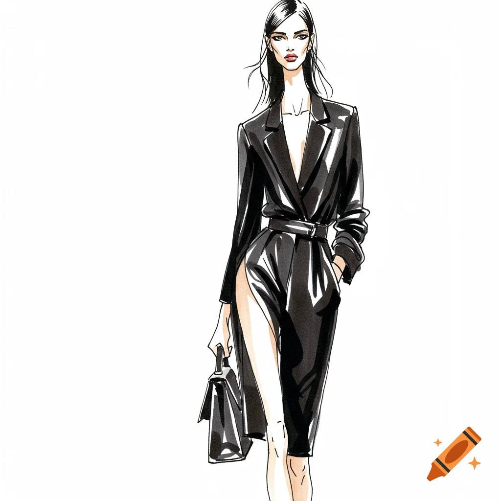 Fashion illustration of a model in a black dress with a slit, holding a handbag.