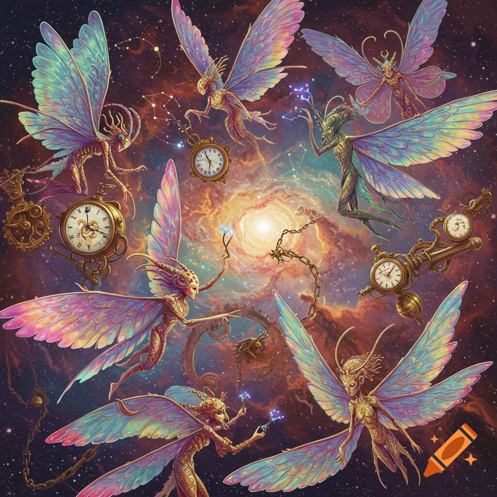 Fantasy winged creatures with clocks and gears floating in a cosmic background.