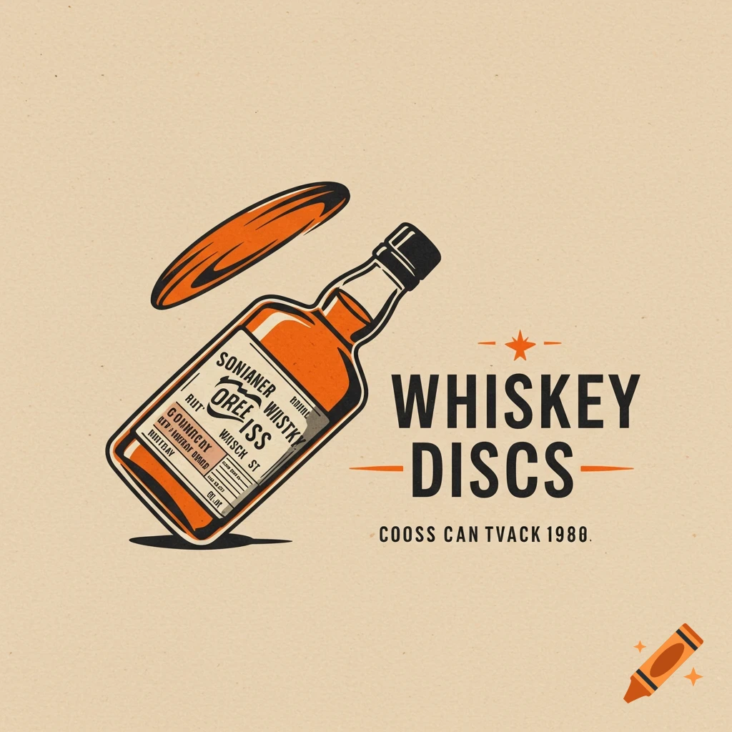 Vintage logo of a whiskey bottle and a disc golf disc