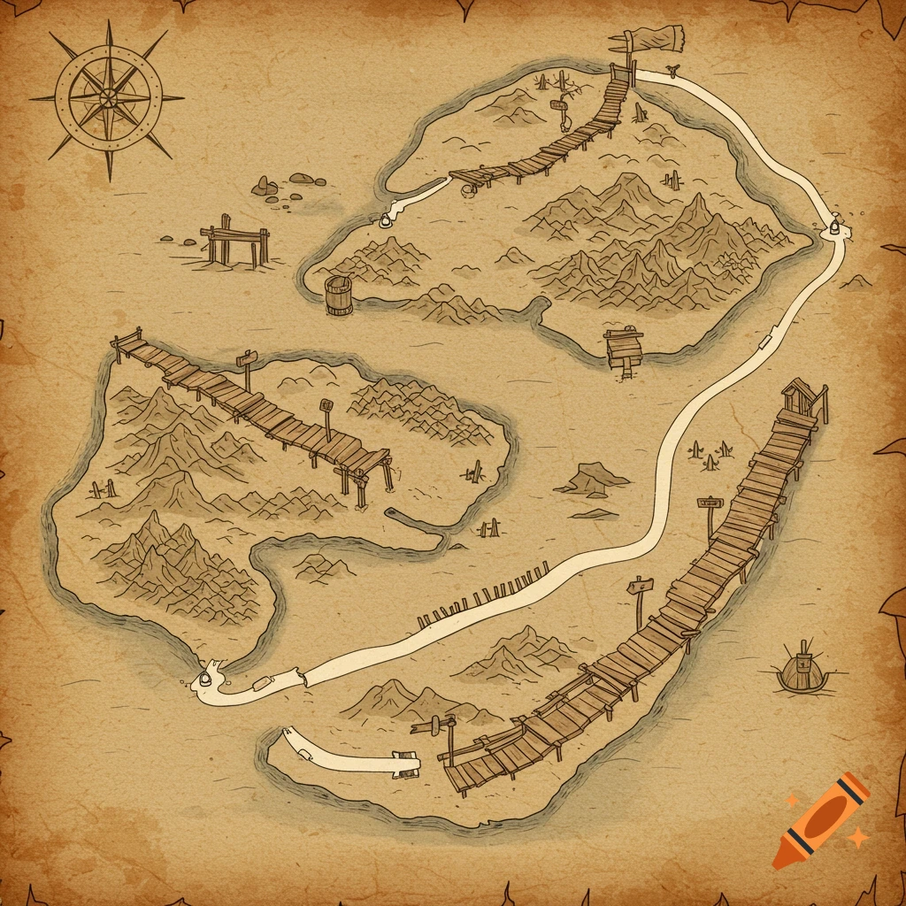 A hand-drawn treasure map on parchment showing islands, bridges, mountains, and a path.