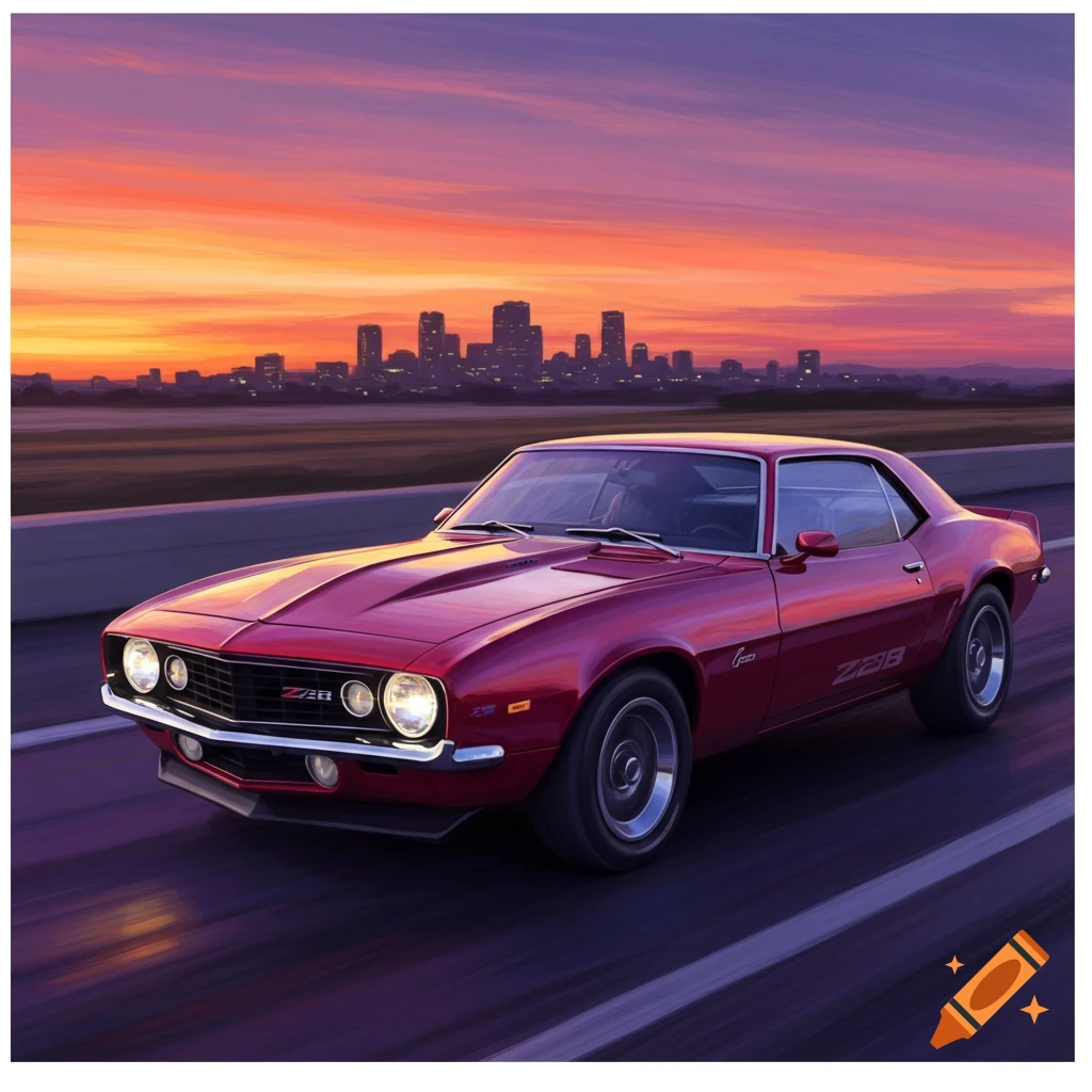 Red classic car drives on a road past a city skyline at sunset.