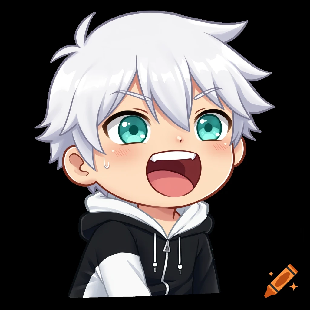 Chibi anime boy emote with white hair, teal eyes, and a black and white hoodie laughing excitedly.