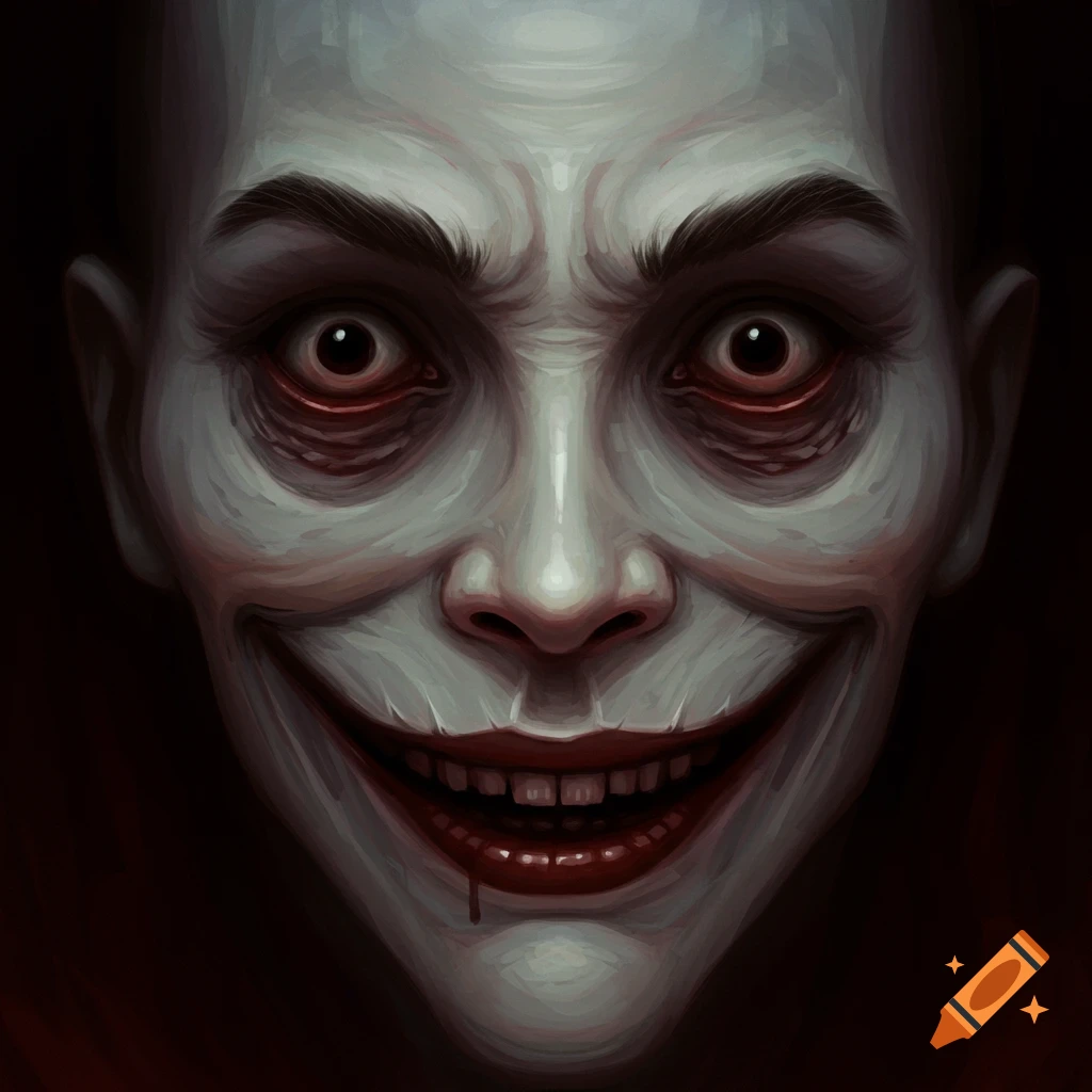 A pale, creepy face with dark eyes, a wide smile, and a drop of blood.