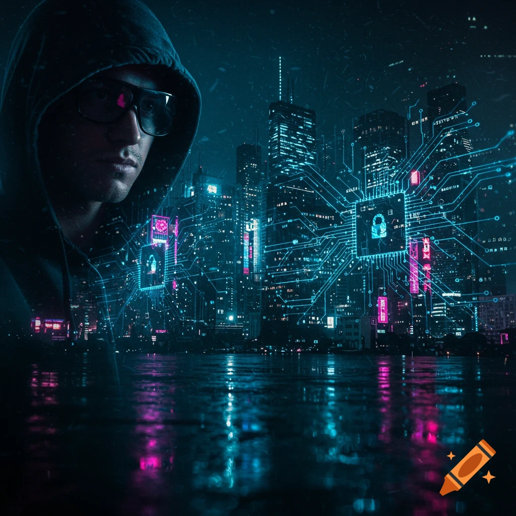 A person in a hoodie looks at a futuristic city skyline overlaid with circuit board patterns.