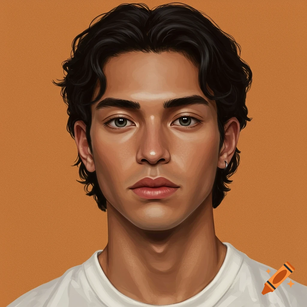 Headshot of a young man with dark wavy hair and green eyes against an orange background.