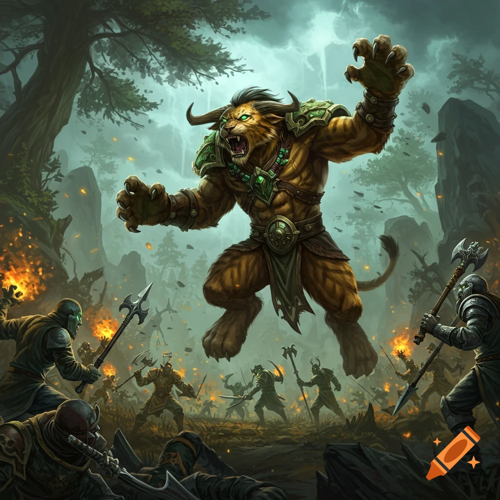Fantasy illustration of a beast-like creature leaping into battle against soldiers.