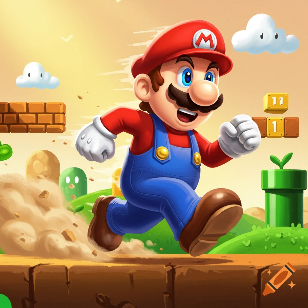 Super Mario running on a platform in a stylized video game landscape with blocks and pipes.
