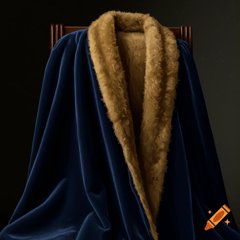 A deep blue velvet cape with tan fur lining is draped over a chair.