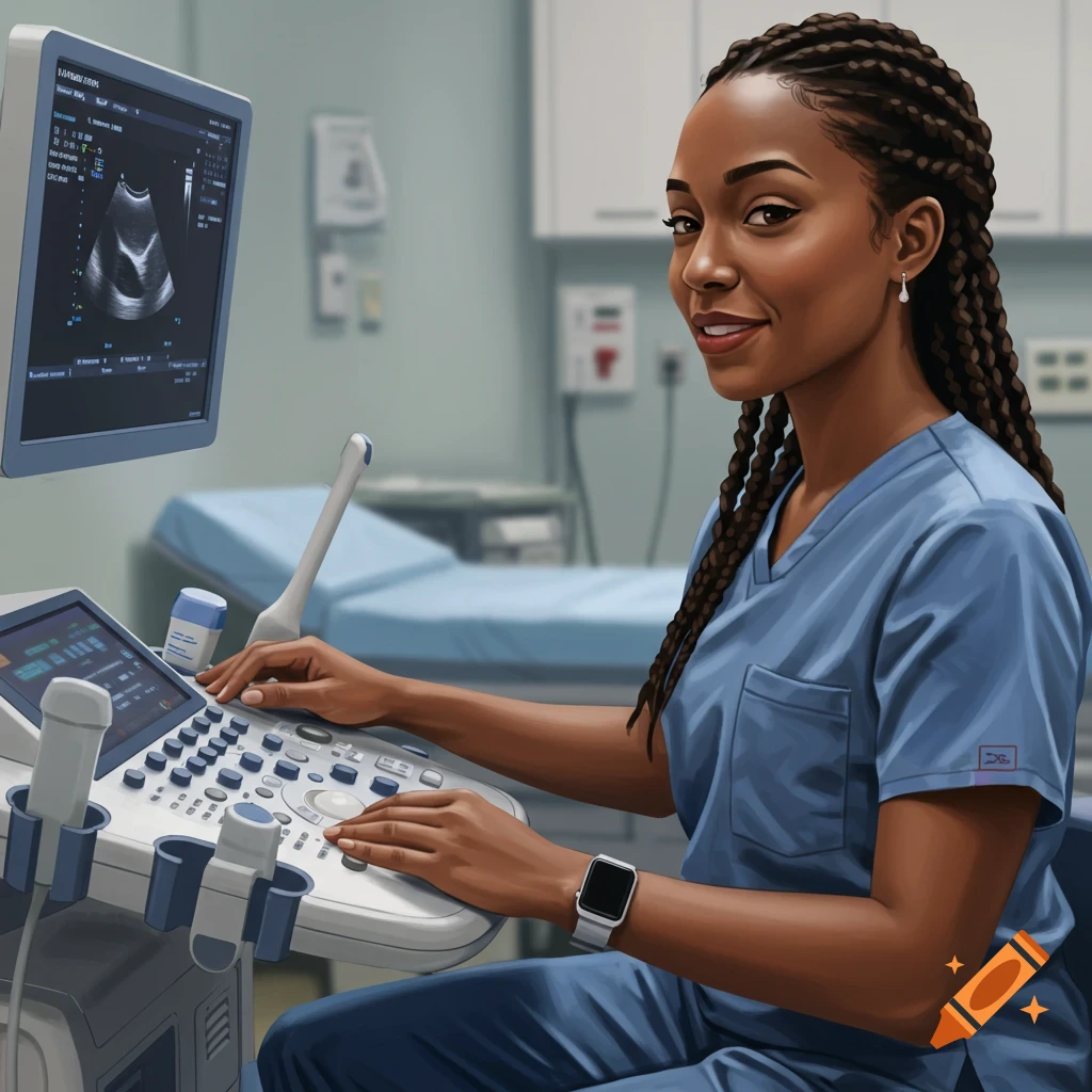 A cardiac sonographer operating an ultrasound machine in a medical room.