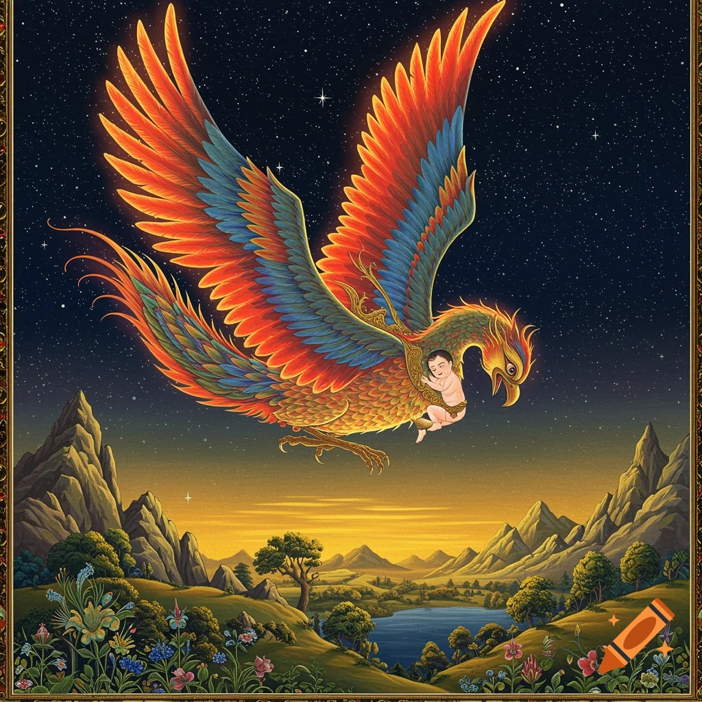 Mythical Simurgh flies through a starry night carrying a baby, over a lush landscape, in the style of Persian illumination painting.