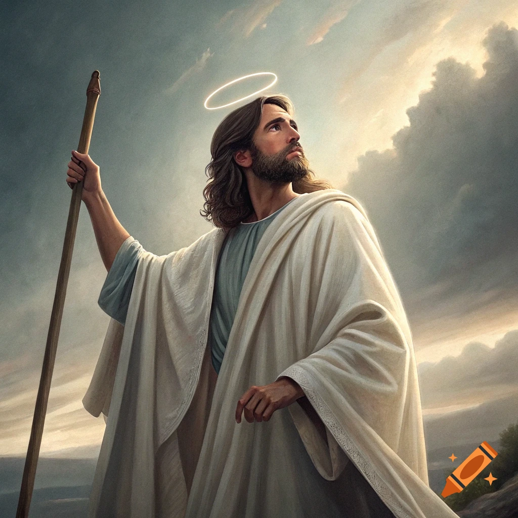 Painting of a figure resembling Jesus with a halo and staff looking skyward under a cloudy sky.