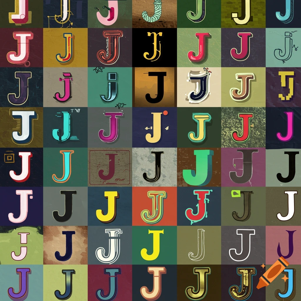 A grid displaying many stylized versions of the letter J in various colors and styles.