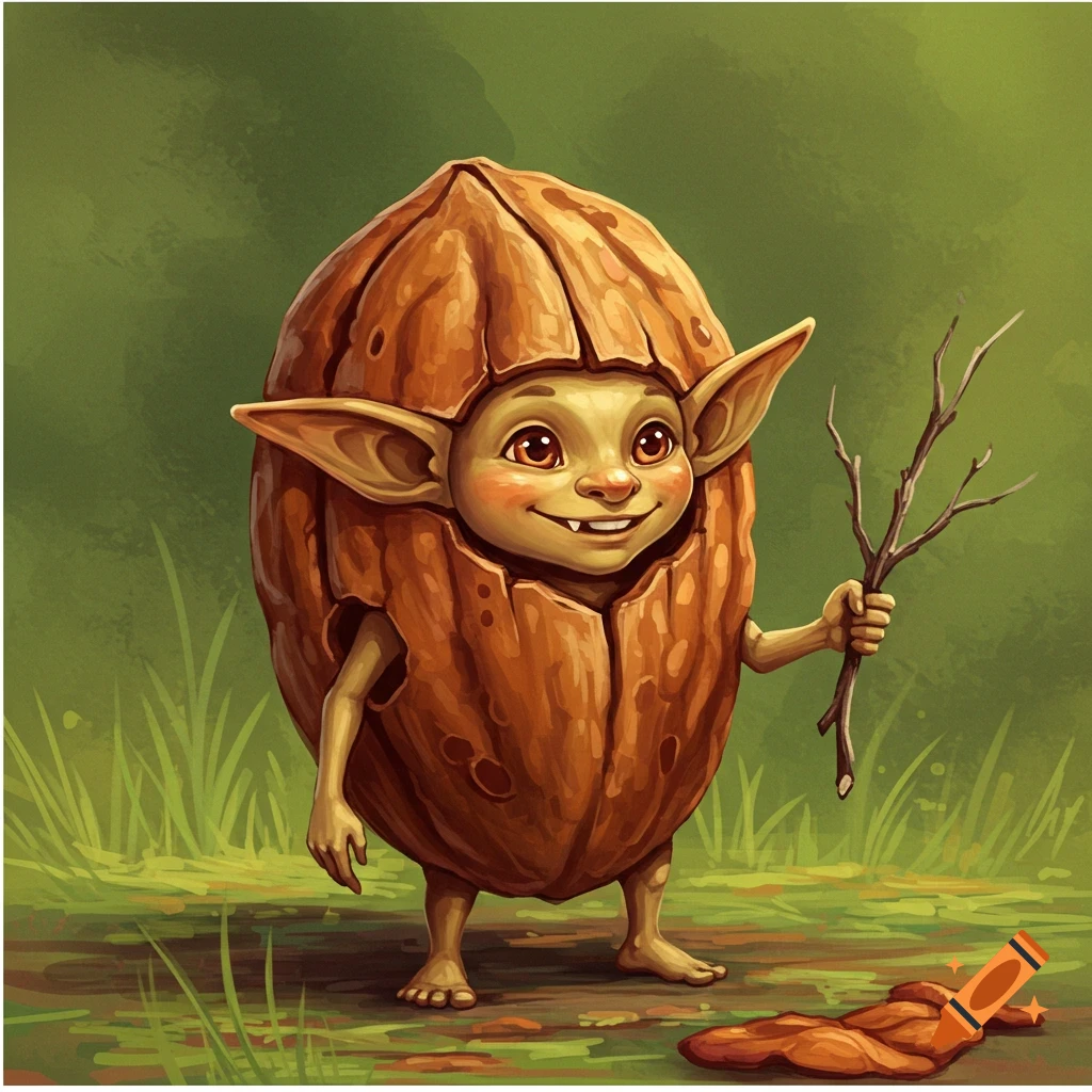 A goblin-like creature in a pecan shell costume holds a twig.
