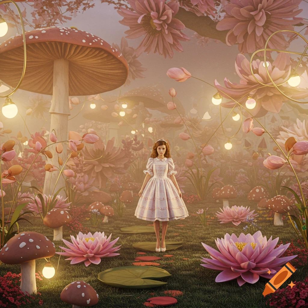 A girl stands in a whimsical fantasy garden with giant mushrooms, pink flowers, and string lights.