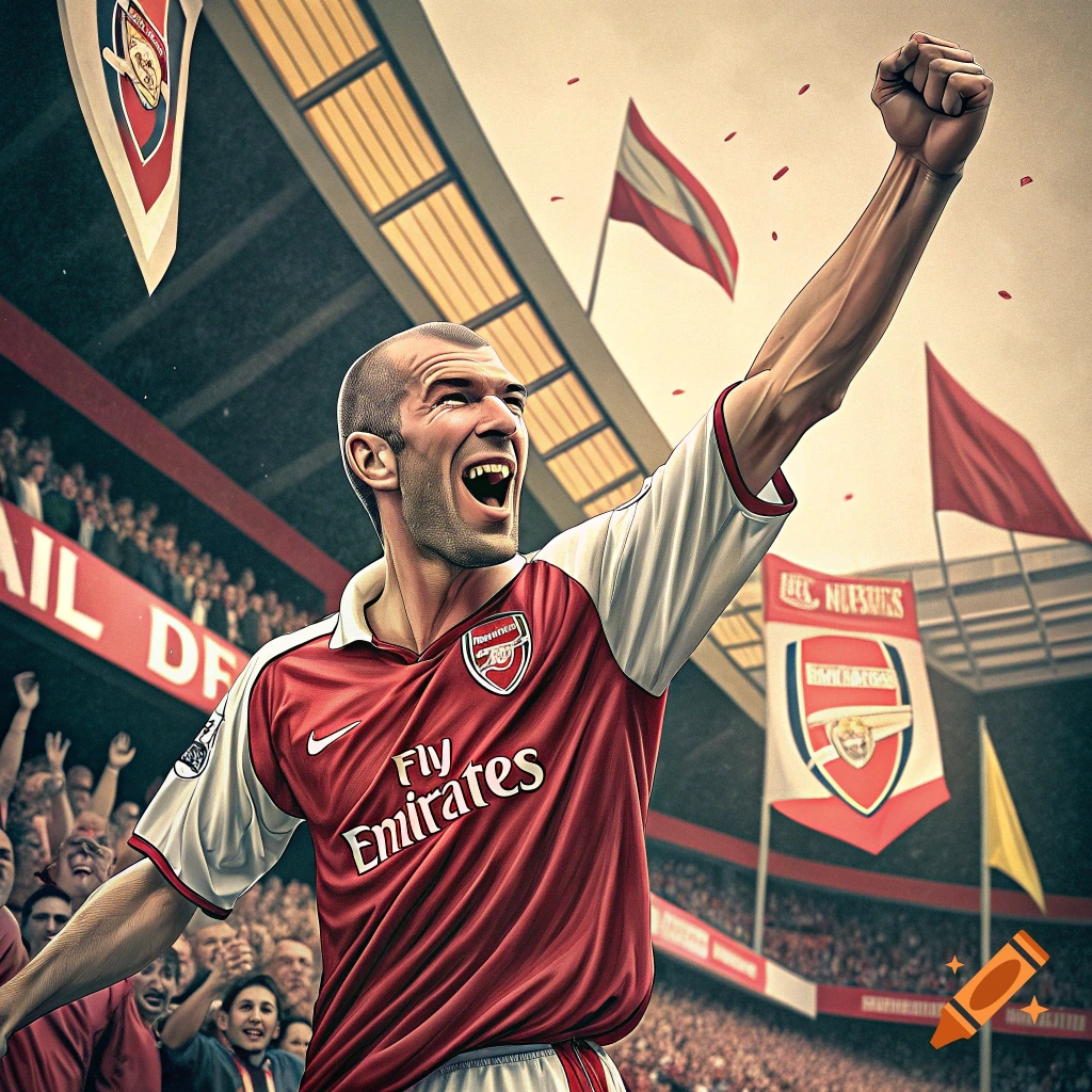 Zinedine Zidane celebrates scoring a goal in an Arsenal football kit in a stadium