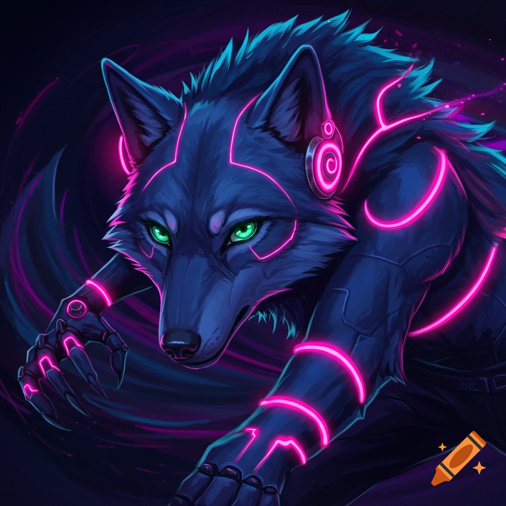 A dark blue cyber wolf with neon pink glowing lines and bright green eyes.