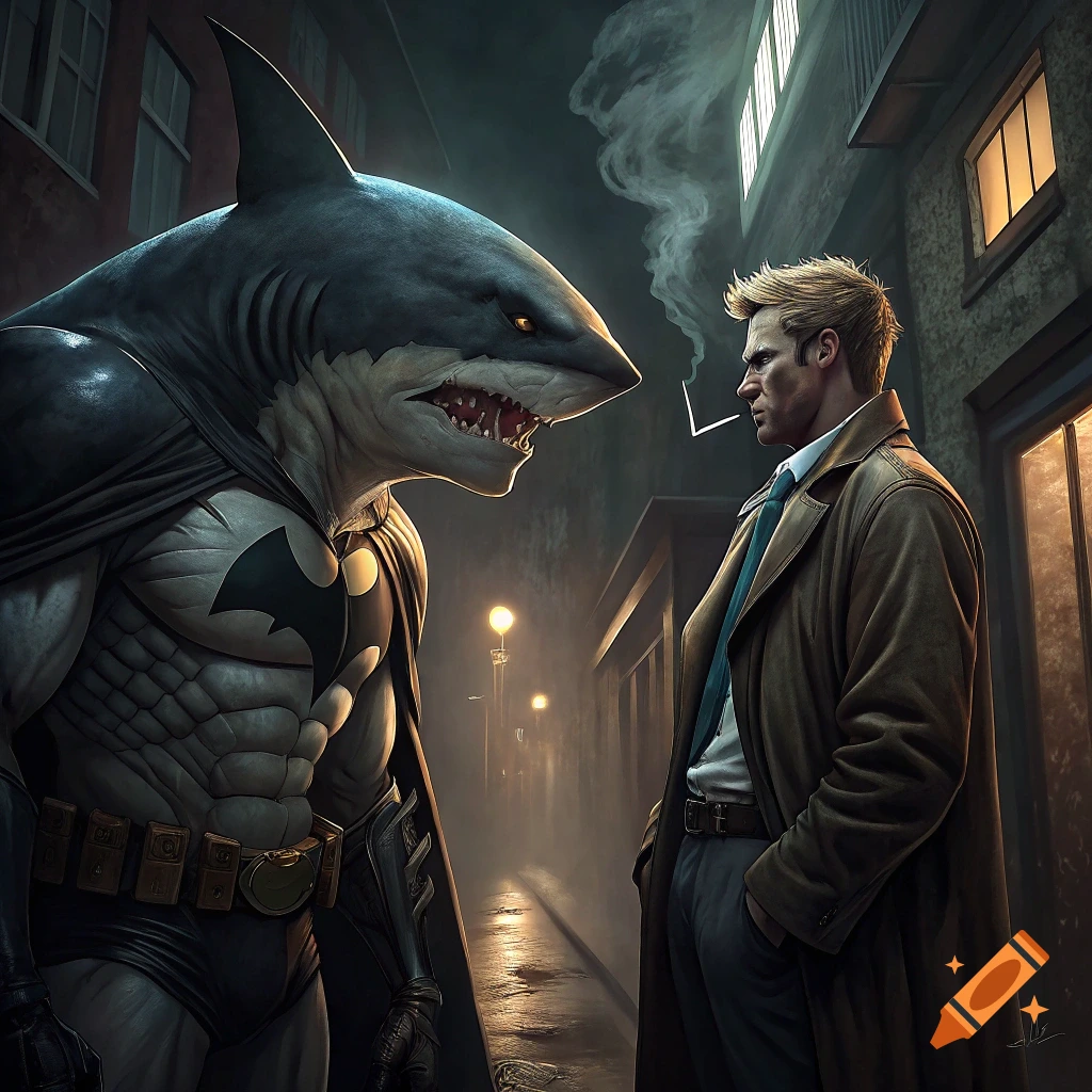 King Shark in a Batman suit faces John Constantine in a dark alley.