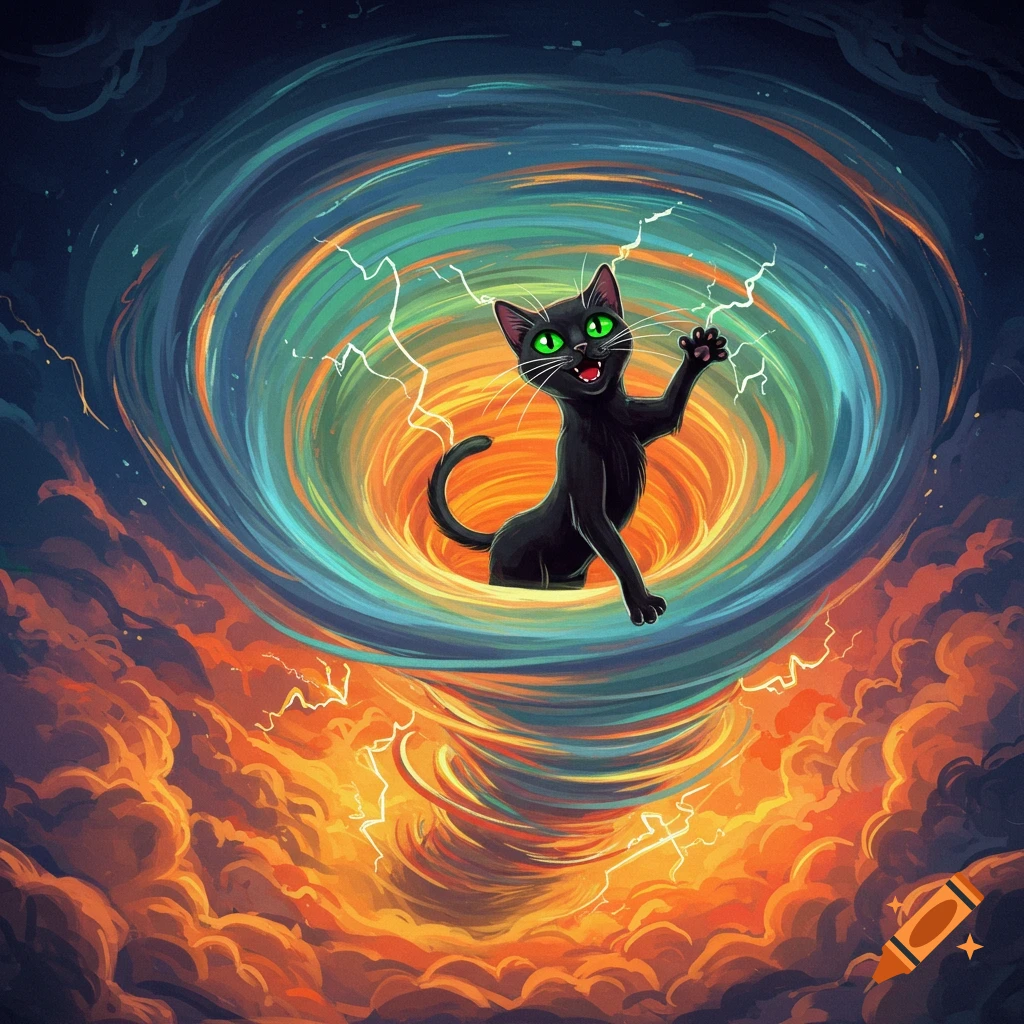 A black cat with green eyes is in the center of a swirling colorful tornado with lightning and stormy clouds.