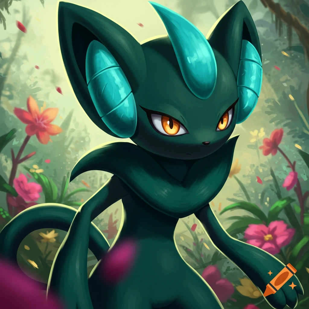 The dark green cat-like Pokemon Meowscarada with glowing orange eyes, standing in a vibrant, lush forest setting.