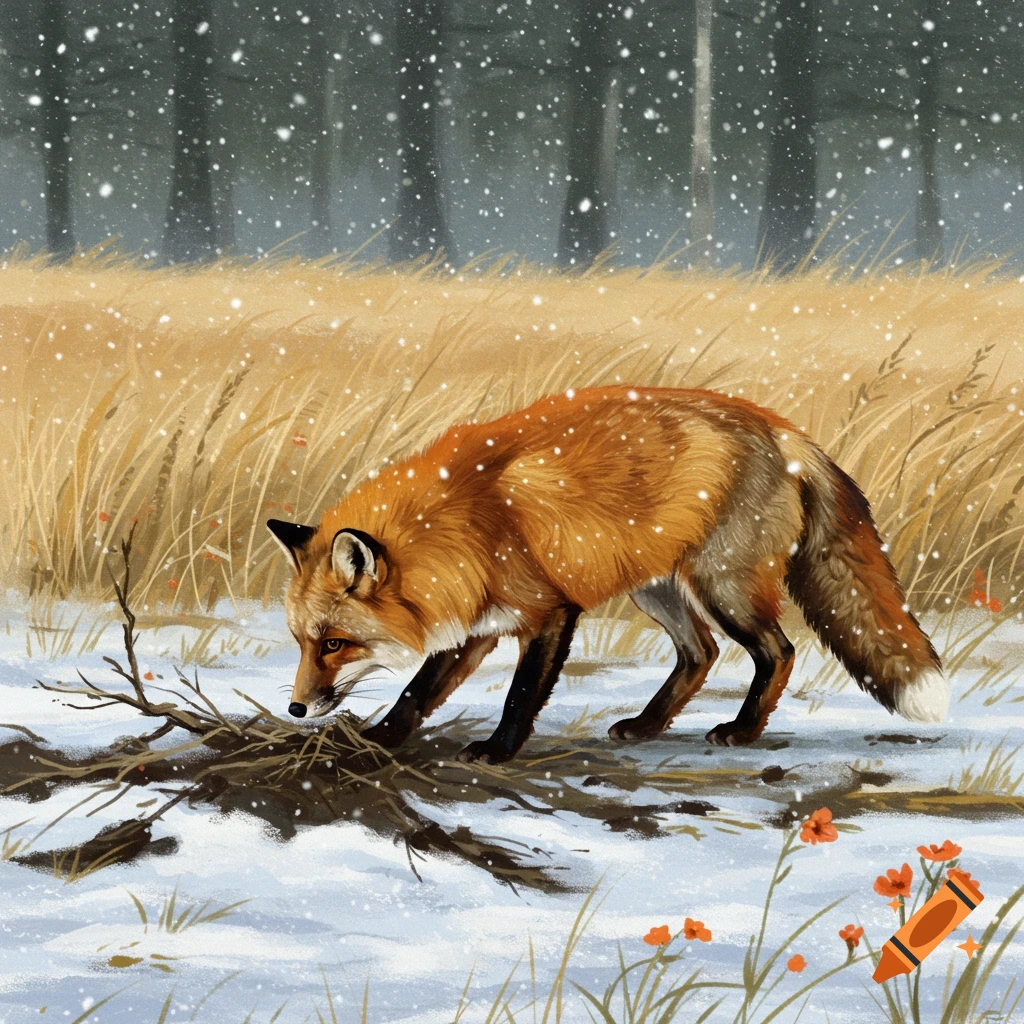 A red fox digs in the snow in a field during a snowfall.