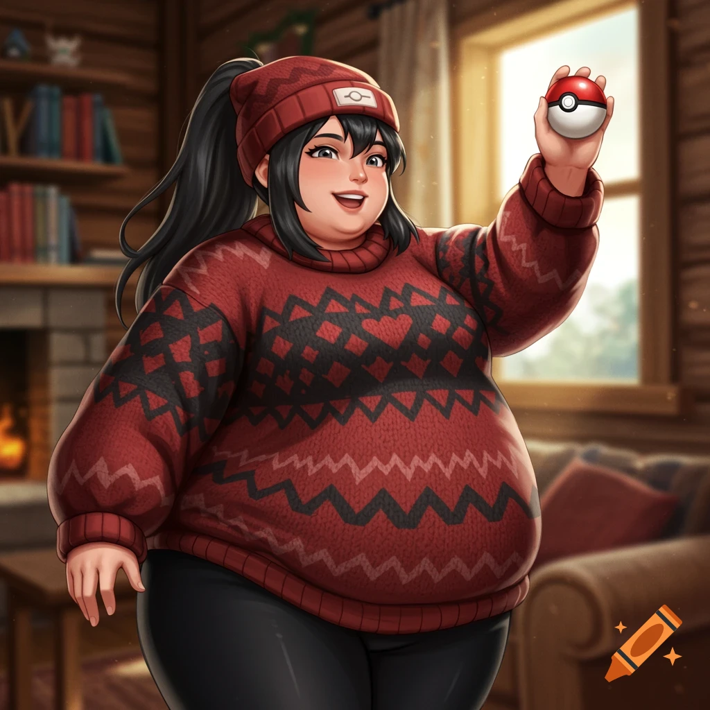 Realistic illustration of a woman in a sweater holding a Poke Ball in a cozy cabin.