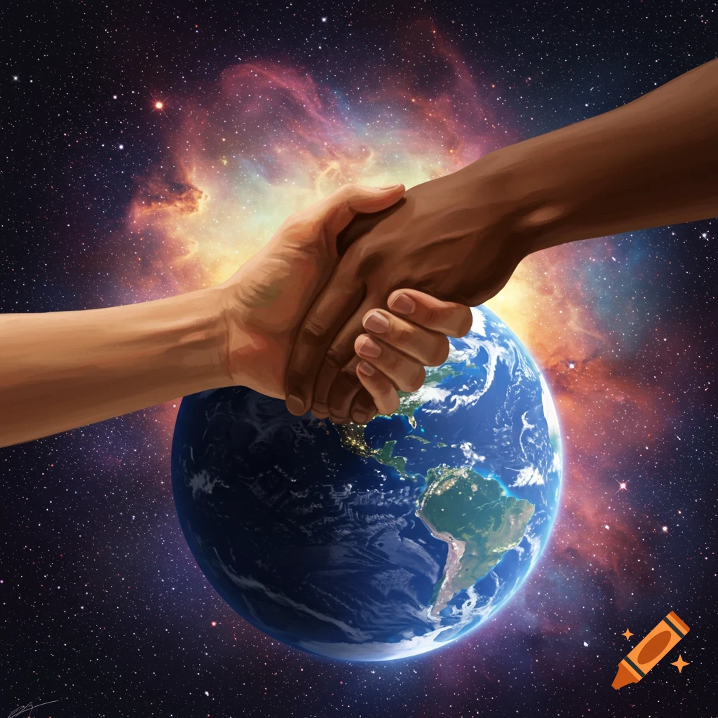 Two hands shaking over Earth in space.