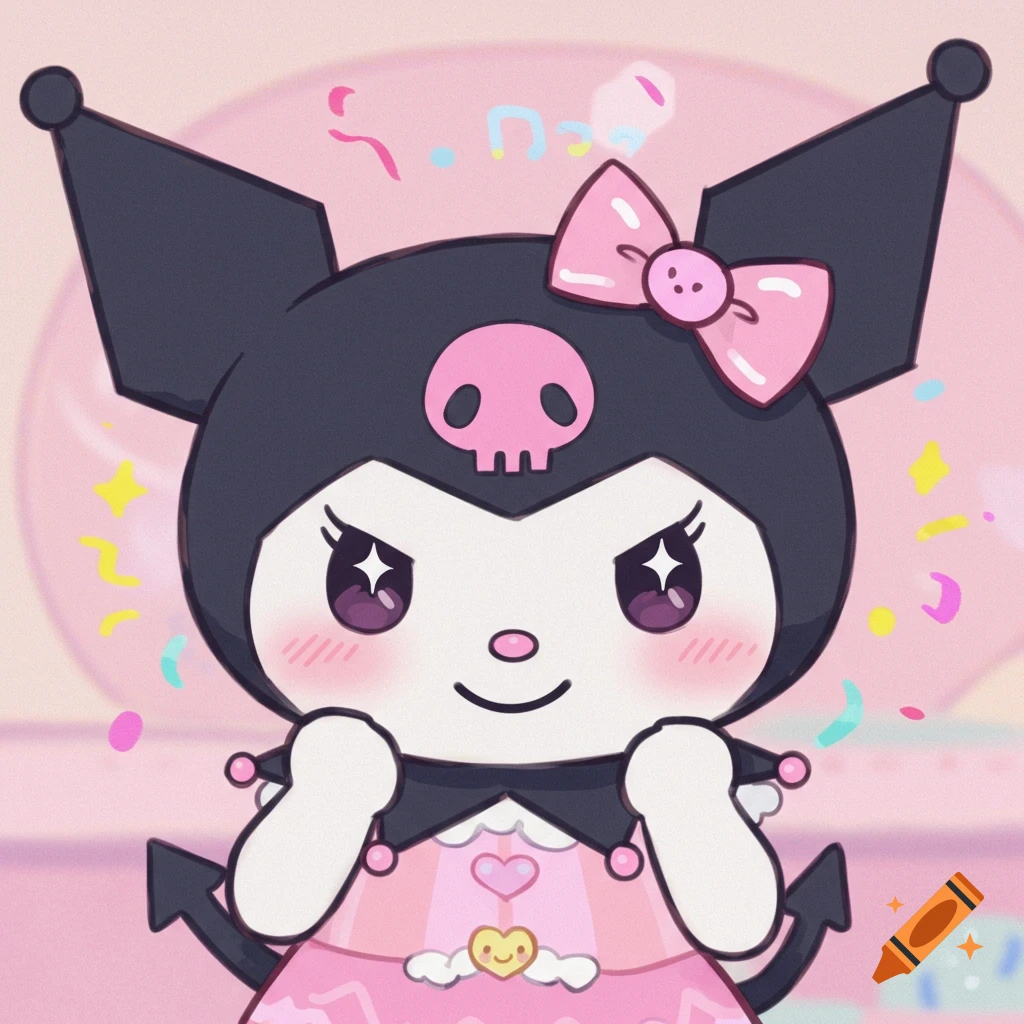 Happy Kuromi cartoon character in a pink dress surrounded by confetti