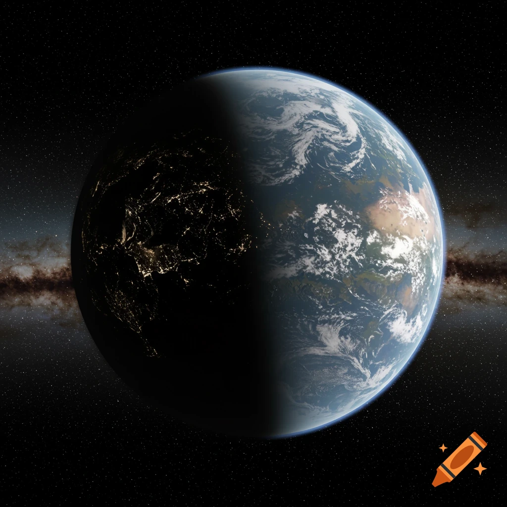 A planet seen from space, with city lights visible on the night side and land/clouds on the day side, against a starry background.