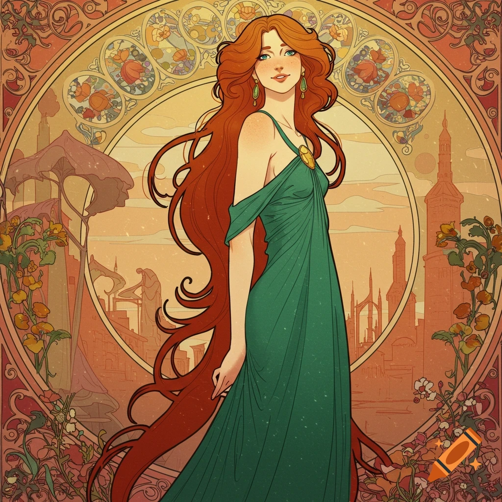 Art Nouveau portrait of a woman with long red hair in a green dress against a decorative circular background with cityscape.