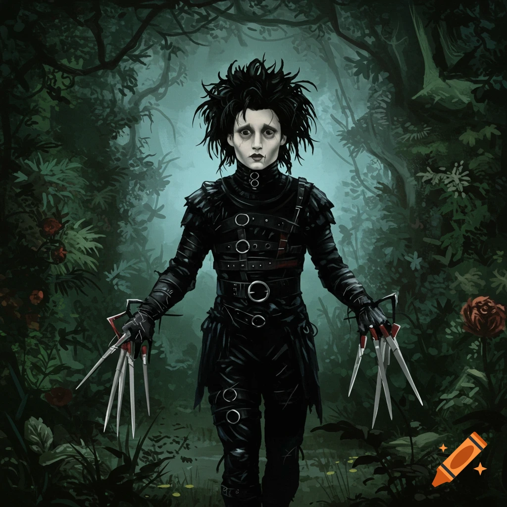 Edward Scissorhands stands in a dark forest with scissor hands.