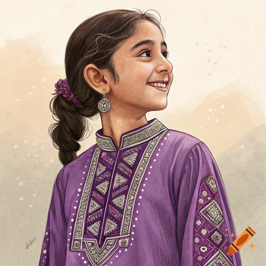 Illustrated portrait of a smiling young girl wearing a purple kurta.