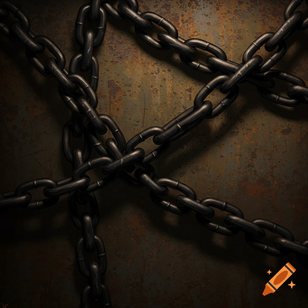 Dark chains crisscrossing a rusty metal background.