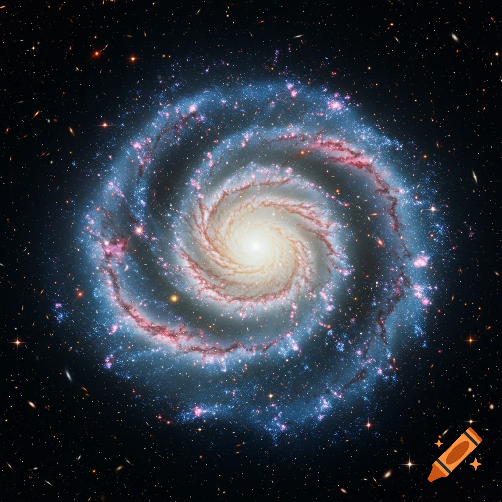 A top-down view of a colorful spiral galaxy in deep space, filled with stars.