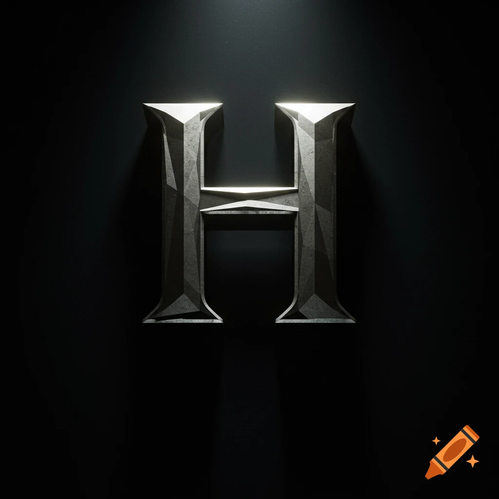 A large, stylized, beveled letter H, made of textured material and lit from above, set against a dark background.