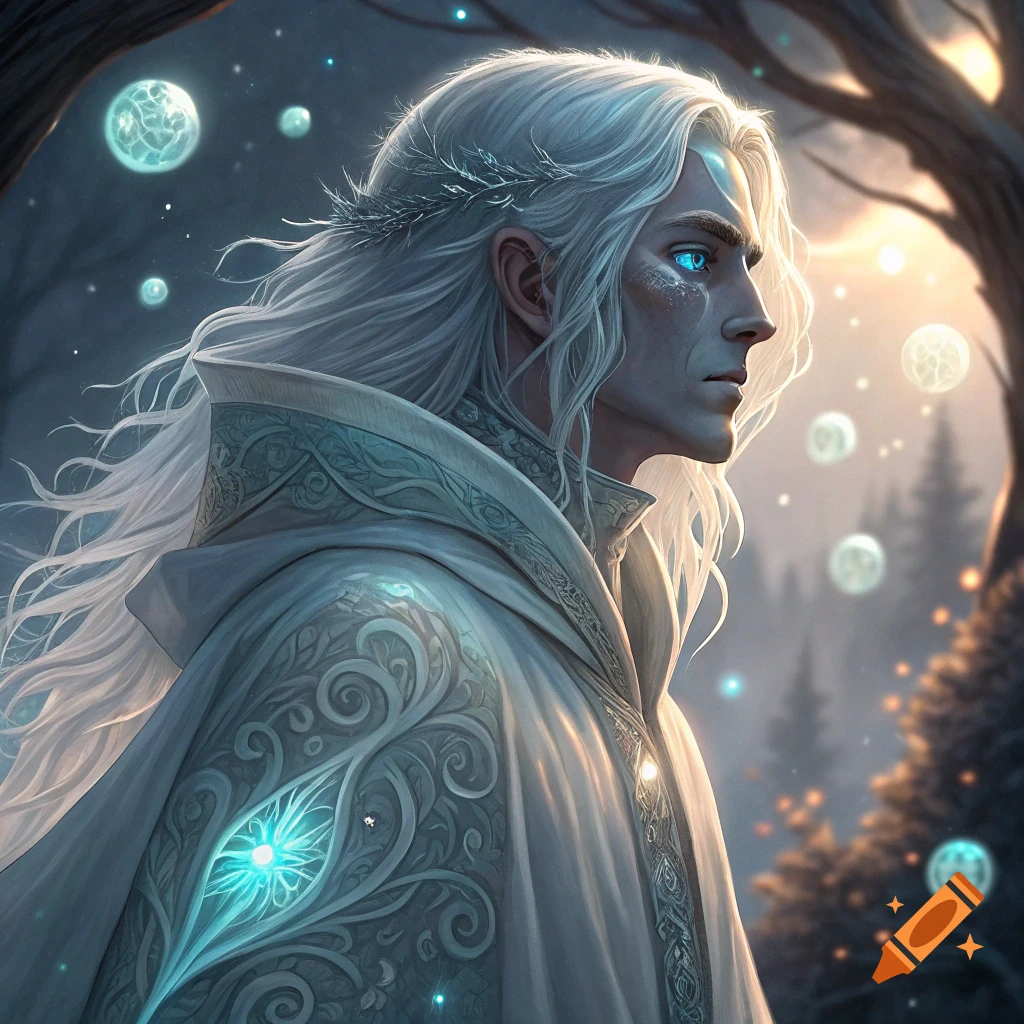 Fantasy character with long white hair, glowing blue eyes, ornate clothing, standing in a forest with glowing orbs.