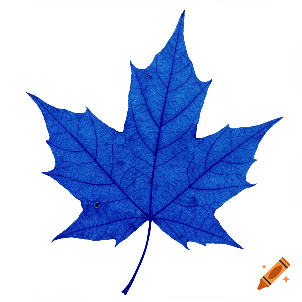 A vibrant blue maple leaf on a white background.