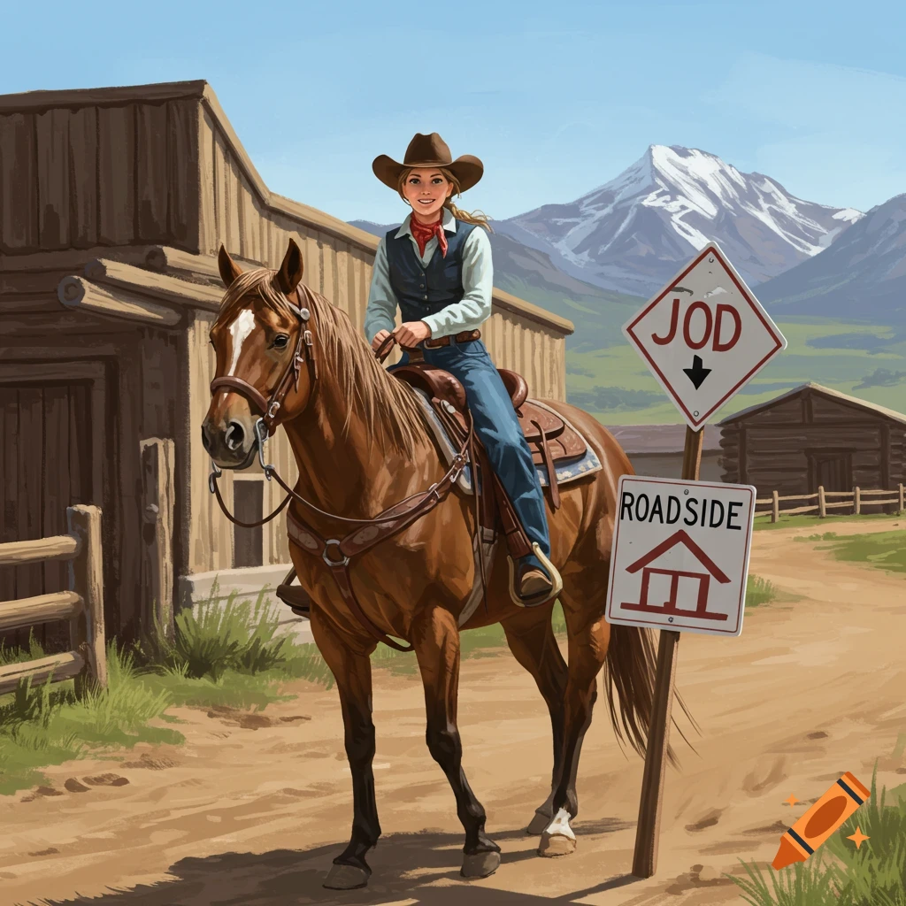A woman on horseback in a western setting with signs, barn, and mountains.