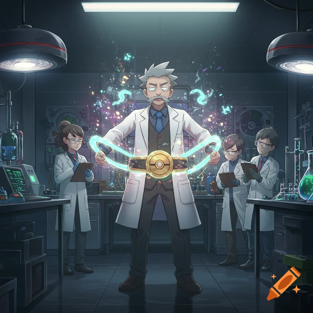 Anime style Pokemon professor in lab holding glowing energy belt with assistants