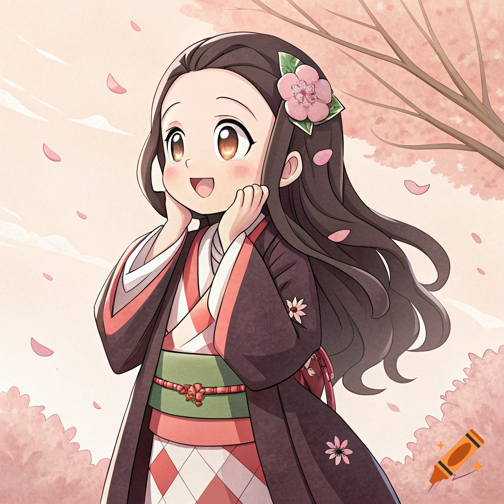 Cute anime girl in a kimono smiling among falling cherry blossoms