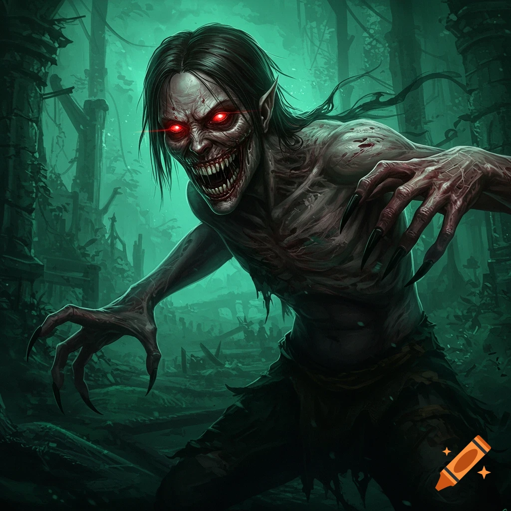 Terrifying horror creature with red eyes and sharp teeth in a dark, ruined forest.