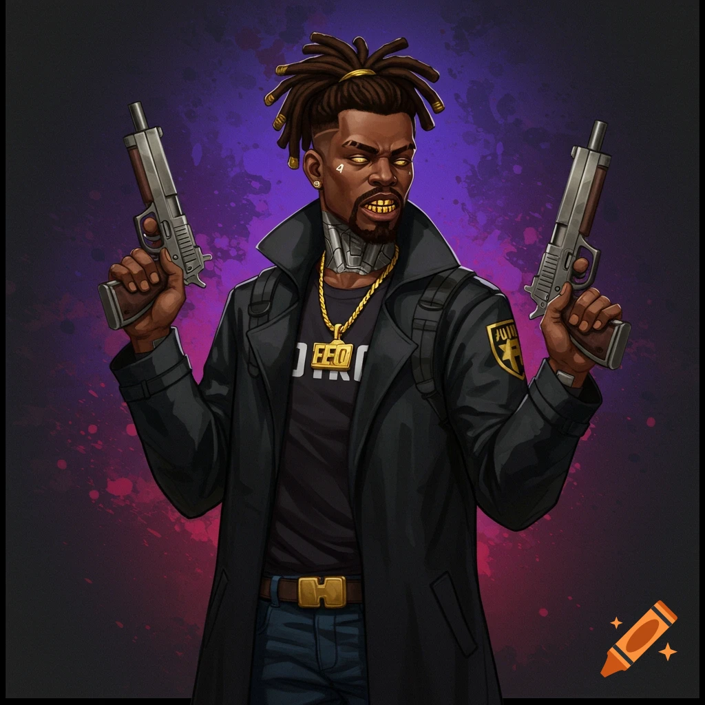 Image of a man with dreadlocks and gold grill holding two pistols.