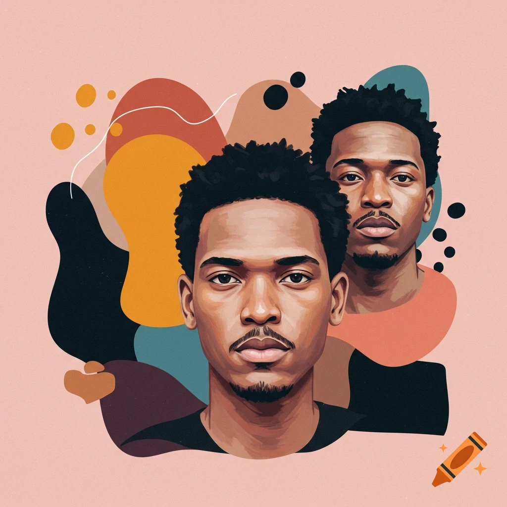Digital illustration featuring two portraits of Black men with abstract colorful shapes on a pink background.