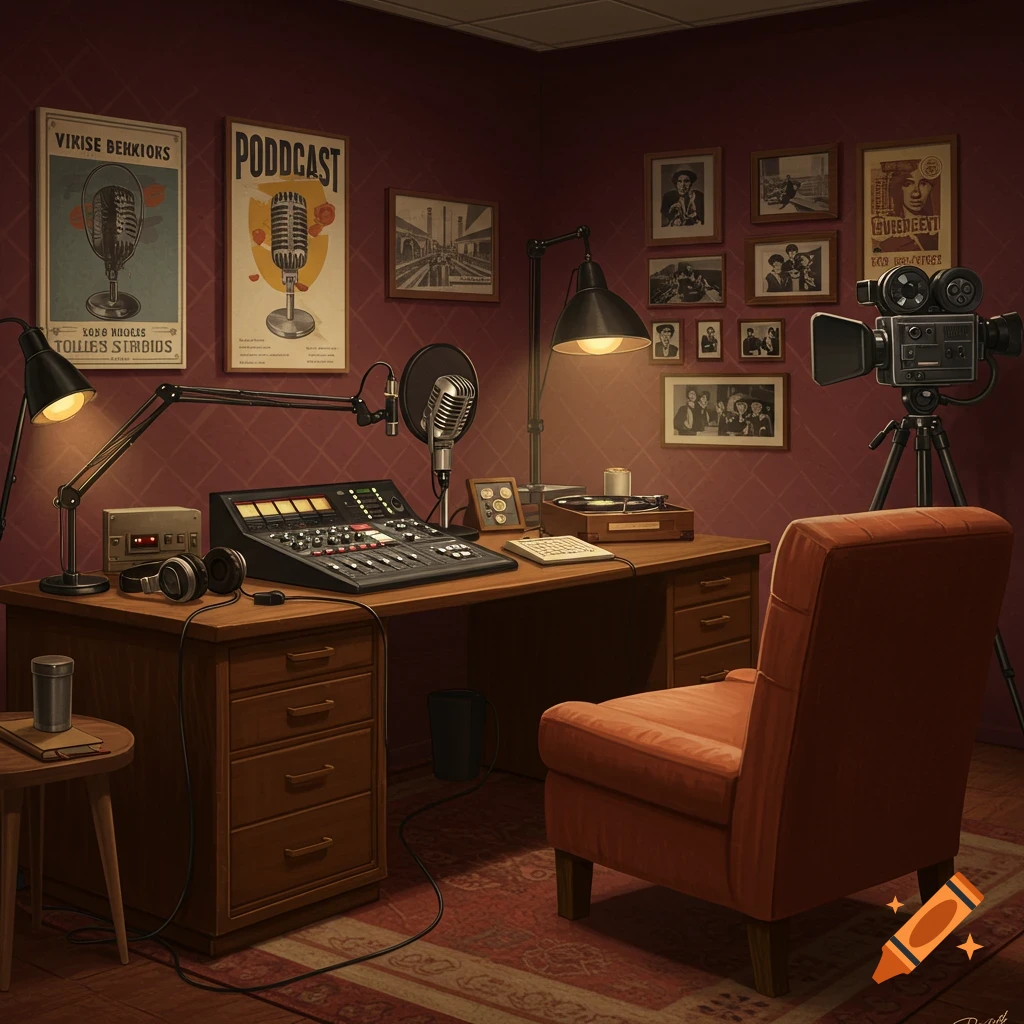 A retro podcast and video studio featuring vintage equipment and posters.