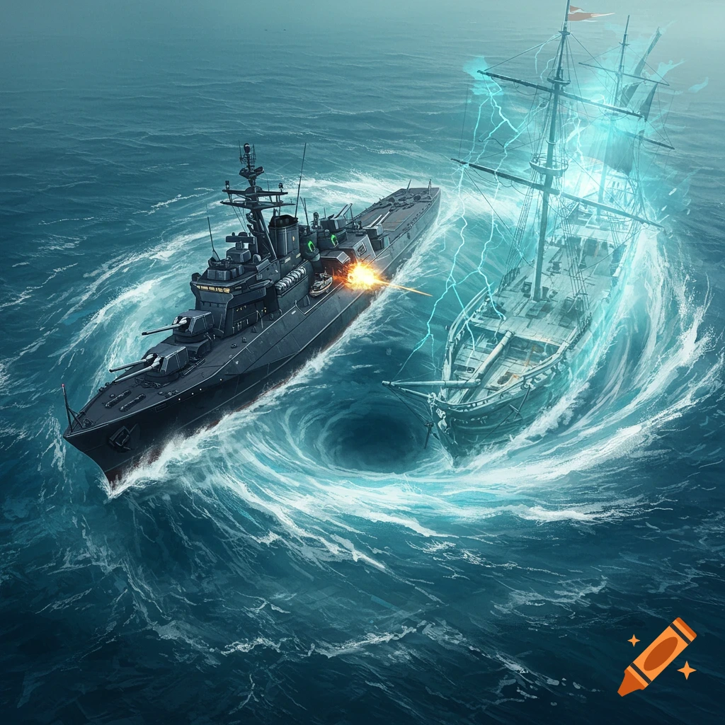 Modern warship and ghost ship battling in a swirling whirlpool during a lightning storm