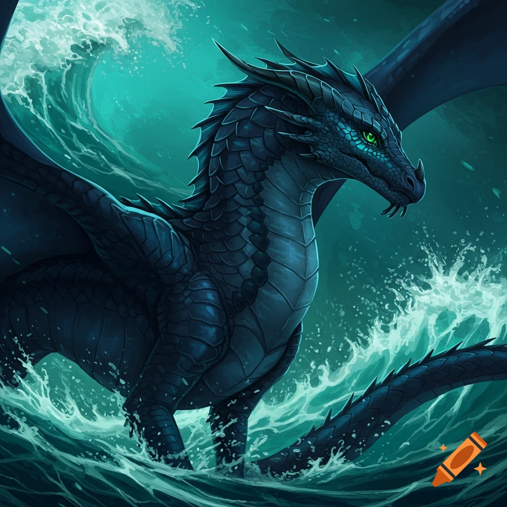 A dark blue dragon with green eyes emerges from the water amidst splashing waves.