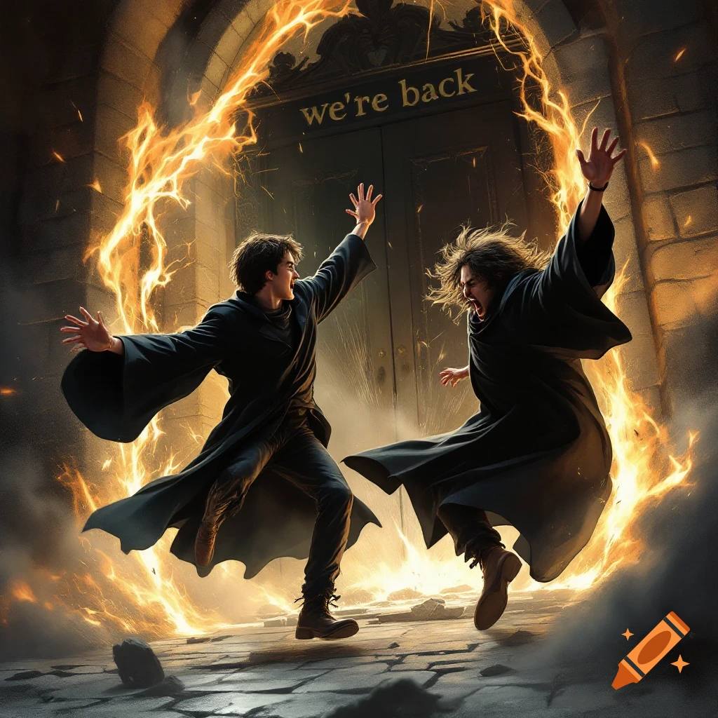 Two figures in robes are shown jumping before a magical doorway with fiery effects; text says 'we're back'.